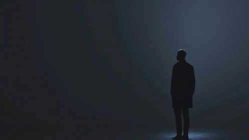 Silhouetted businessman stands in cinematic spotlighted void.