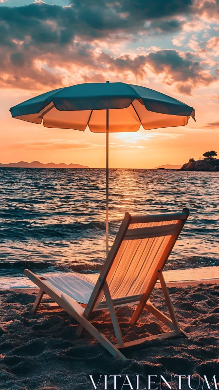 Sunset-soaked beach chair waits under a glowing pastel sky.