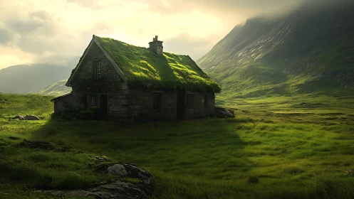 Moss-roof stone cottage glows softly in misty green valley