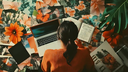 Overhead computational workspace amid saturated floral collage.