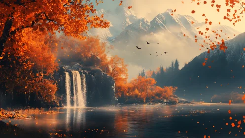 Sunlit autumn waterfall shimmers beneath misty alpine peaks