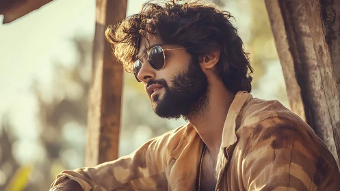 Side-lit portrait of bearded man in sunglasses with warm bokeh depth