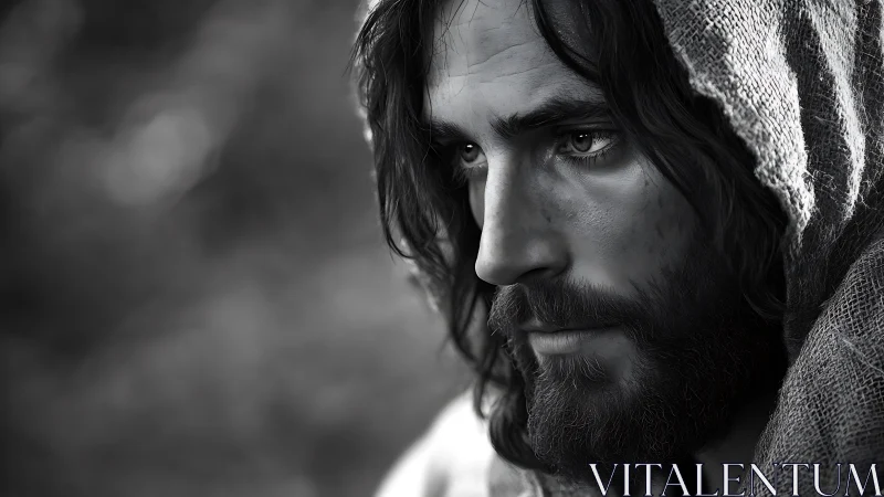 High-contrast monochrome close-up of hooded bearded man in profile