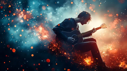 Silhouette guitarist in glowing cosmic light storm scene.