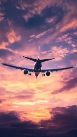Airliner undercarriage silhouette in saturated sunset sky geometry.