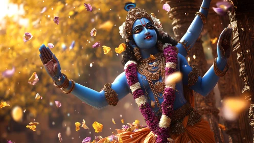Divine blue deity dancing in garlands under golden petals.