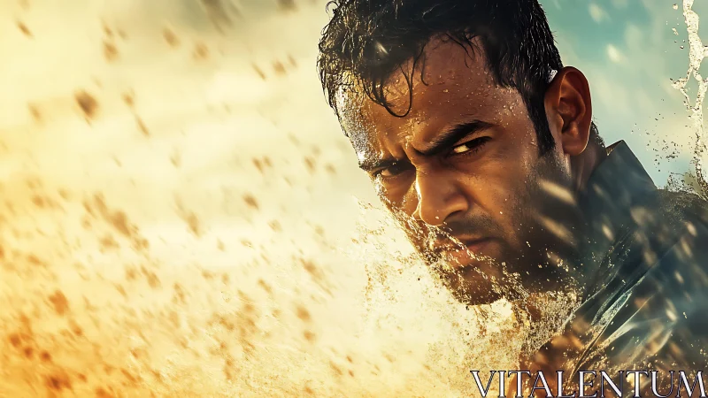 Intense man shatters water spray in golden backlight storm