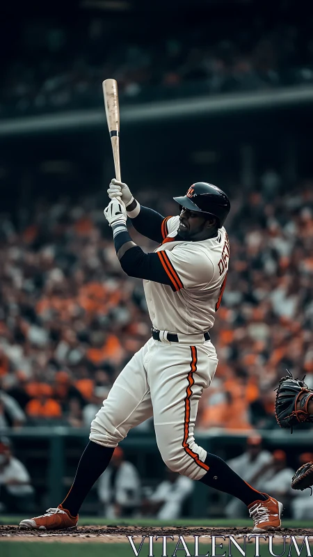 Baseball batter completing swing in crowded stadium scene.