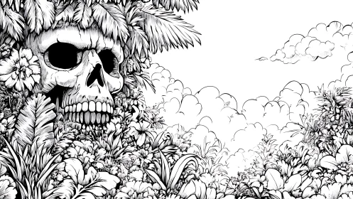 Skull overgrown by dense tropical foliage in monochrome linework.