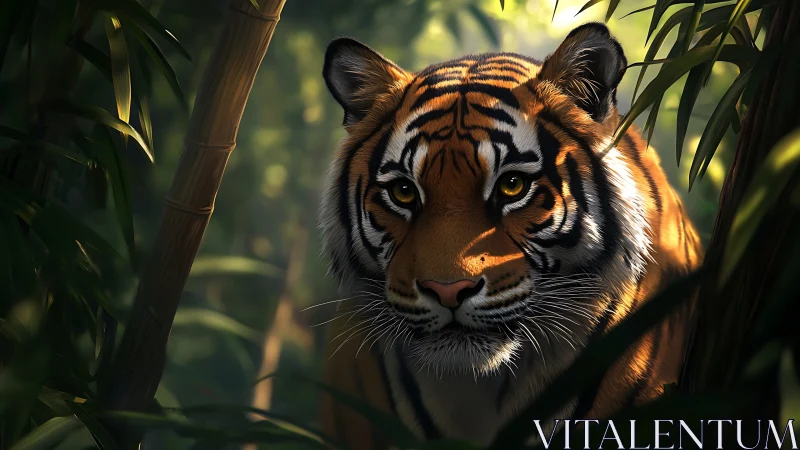 Lantern-eyed jungle tiger paused in green-breathing hush.