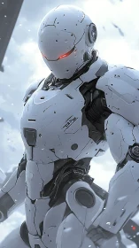 Humanoid combat robot stands in snowy outdoor environment