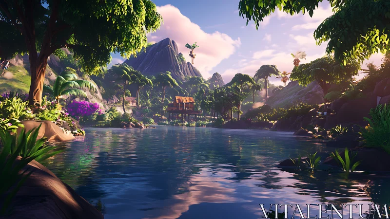 Tropical valley landscape with mountain lagoon at golden hour.