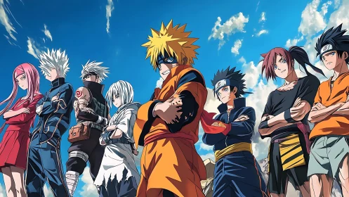 Dynamic anime ninja lineup under high-contrast daylight sky