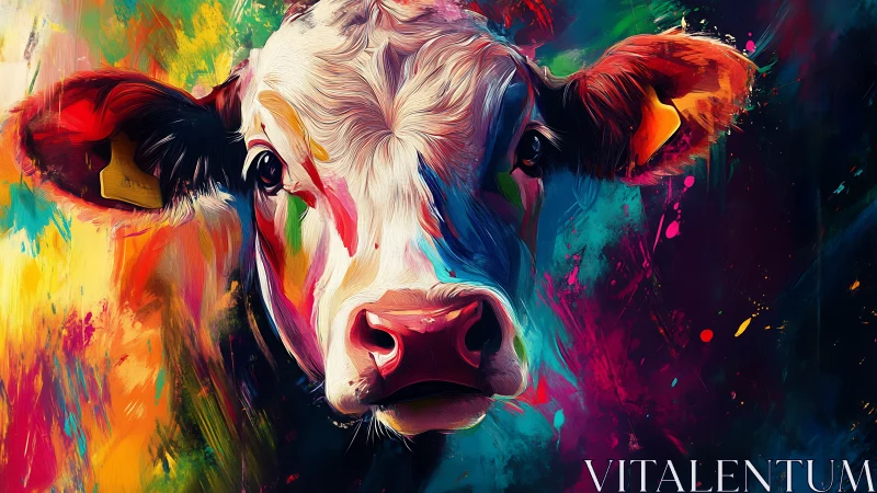 Color-splashed cow portrait dominates vivid abstract background
