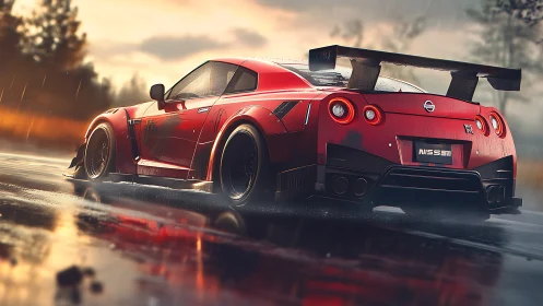 Rain-slicked red racer prowls a neon-tinted twilight track.