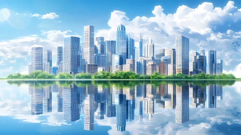 Urban skyline reflects sharply on calm waterfront surface