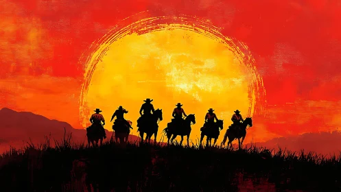 Silhouetted riders traverse ridge against textured sunset disc