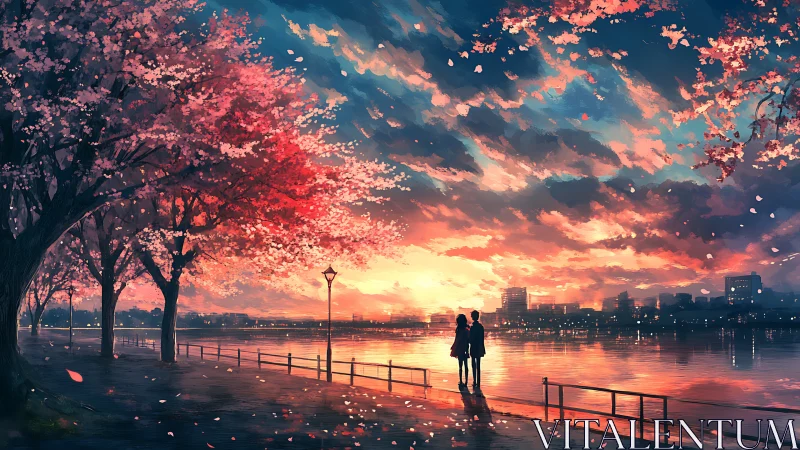 Silhouetted couple stands by riverside under sunset sky