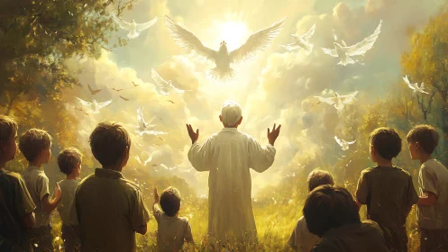 Elder leads children toward radiant dove vision in forest clearing