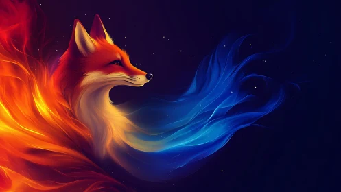 Elemental fox spirit in flowing fire and ice plumes.