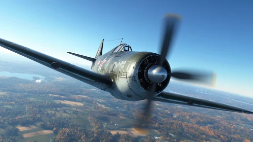 WWII fighter aircraft in dynamic low-altitude banking flight.