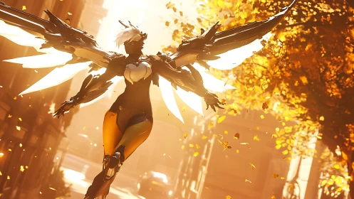 Cyber angel soars through golden autumn urban lightscape.