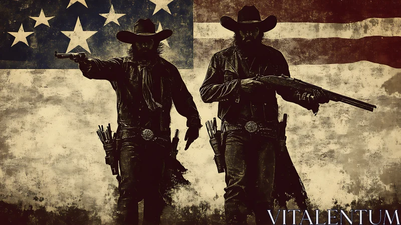 Outlaw silhouettes confront viewer before distressed flag backdrop.