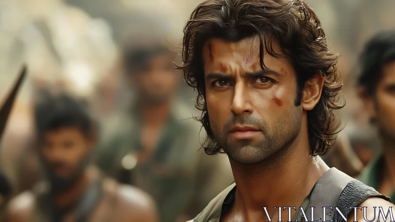 Battle worn man staring forward in tense outdoor crowd.