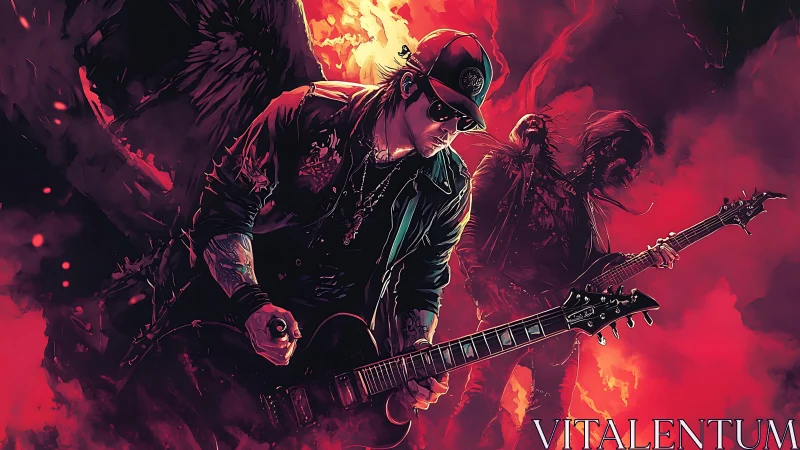 Digital rendering depicts rock guitarists in red-lit environment