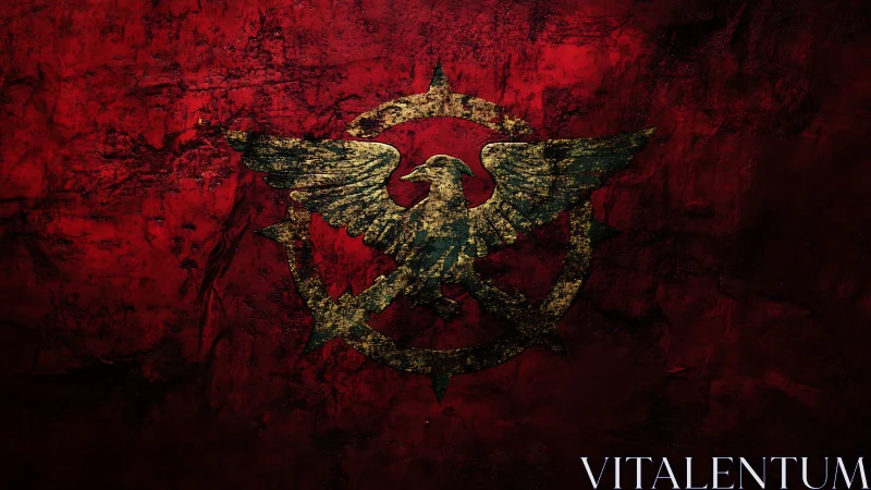 War-torn golden eagle emblem on scarlet battlewall.
