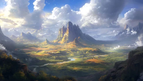 Sunlit spires rise where emerald valleys dream beneath clouds