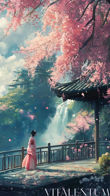 Kimono figure overlooks cascading falls and cherry bloom