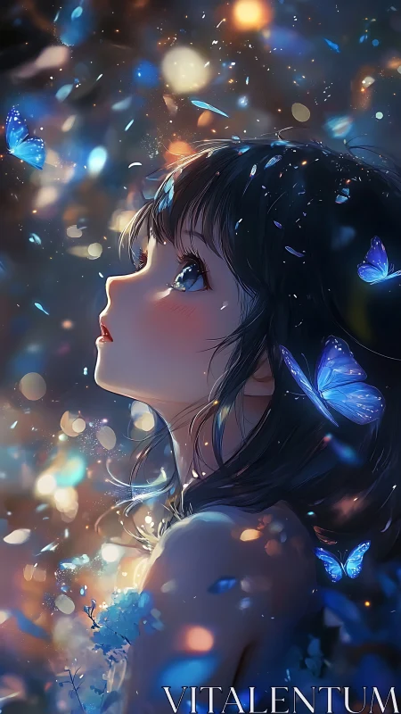 Starlit girl adrift with luminous blue butterflies and wishes.