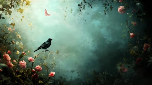 Songbird on rose branch in misted teal forest clearing