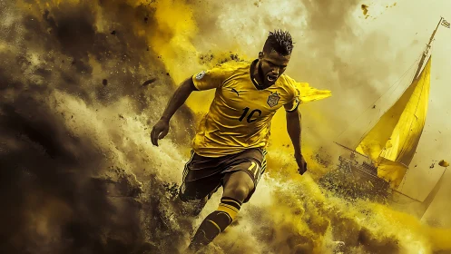 Dynamic footballer sprints through golden storm of energy