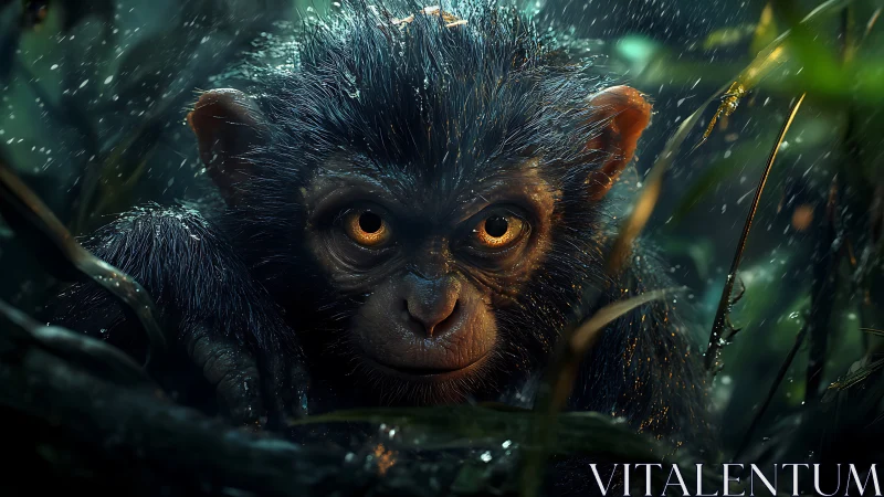 Rain-soaked jungle baby monkey with ember-bright eyes.