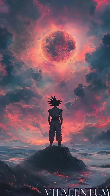 Solitary figure observing red celestial body over ocean.