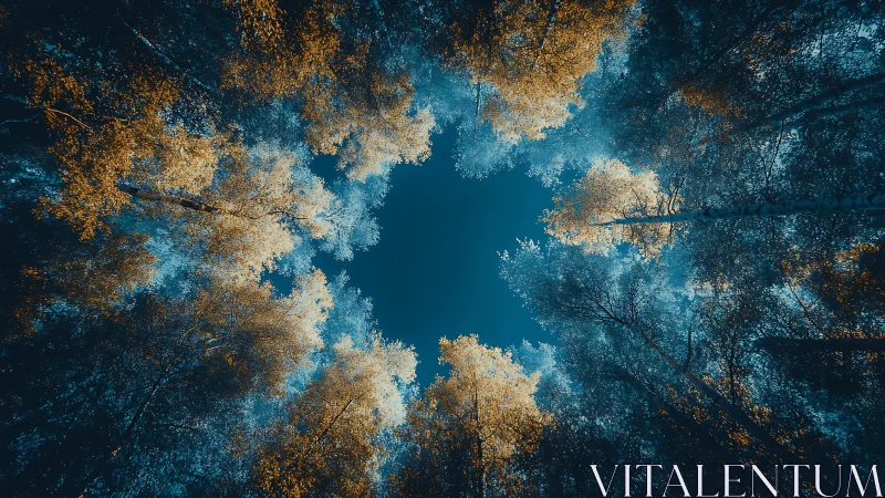 Forest canopy forms a glowing blue and gold sky portal.