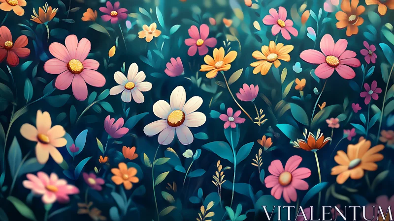 Luminous Daisy Field Against Dark Teal Background