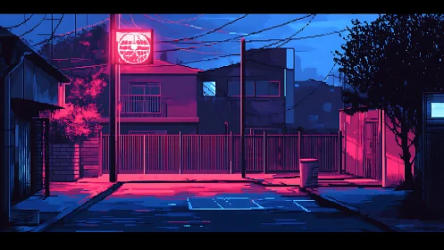 Neon twilight sneaks through a quiet pixel-lit backstreet