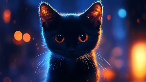 Neon Whisker Sentinel: Black Cat Eyes Burning Gold.