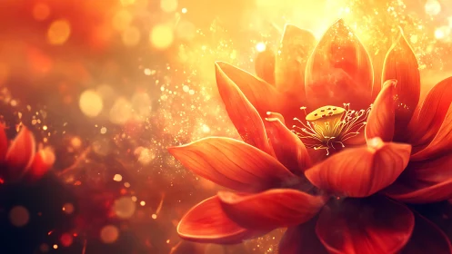 Glowing Red Lotus with Golden Light Particles