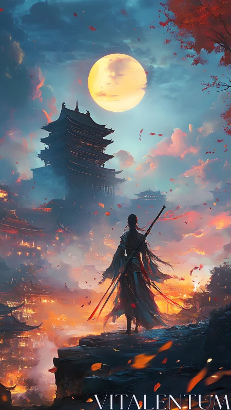 Lone warrior surveying luminous pagoda city beneath supermoon.