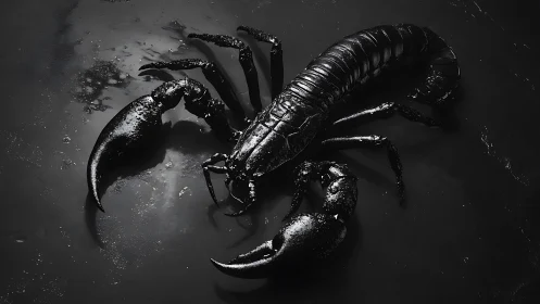 Glossy black scorpion rendered on reflective dark surface