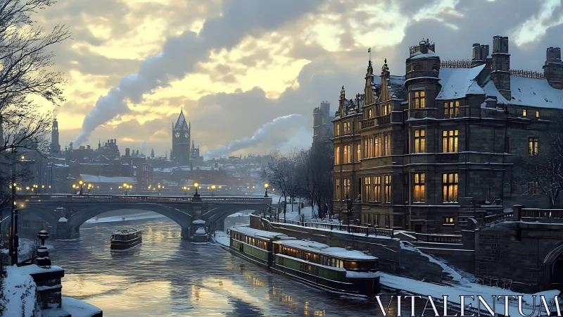 Snowlit riverside manor hums beside a steampunk winter canal.