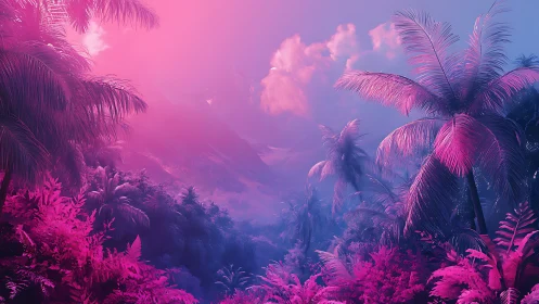 Neon gradient jungle landscape renders tropical canopy mist