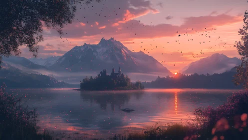 Fantasy lakeside castle at alpine sunset, digital painting.