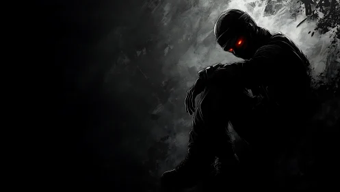 Silhouetted figure with red eyes in dark grayscale field.