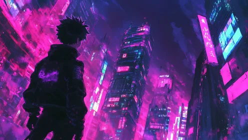 Neon-soaked loner surveys a towering cyberpunk skyline.