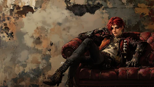 Red haired character reclining on worn leather sofa.